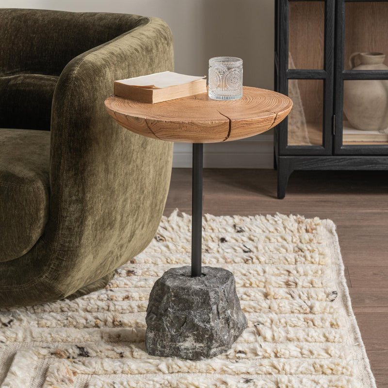 Natural and black Linden end table by Classic Home, featuring a wooden top and black metal legs in a modern design.