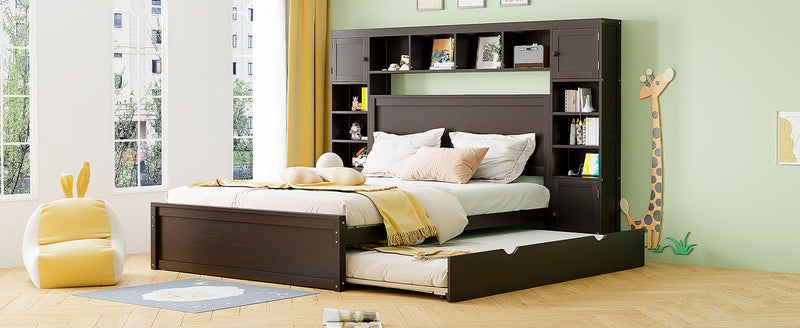 DreamHaus cabinet bed with integrated shelf, sockets, and twin long trundle, showcasing its sleek design and multifunctional storage.