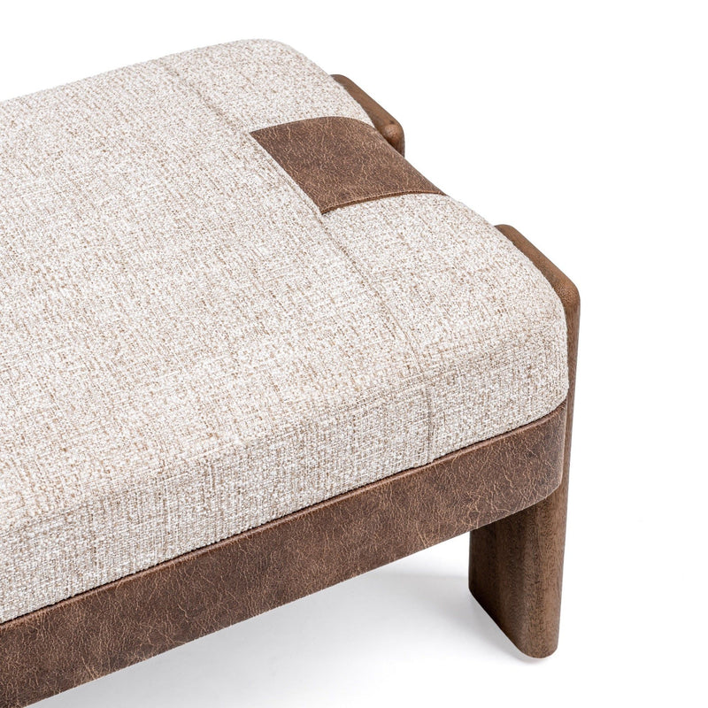 Upholstered Kava Accent Bench in Cocoa Latte fabric with wooden legs, modern design for living room or entryway.