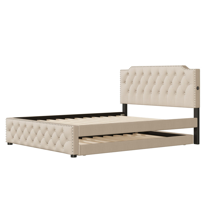 Upholstered Platform Bed With Trundle And 2 Sets Of USB Ports On Each Side, Fabric - R&R Furniture Gallery (Fountain Valley, CA)