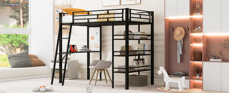 Loft Metal Bed With 3 Layers Of Shelves And Desk, Stylish Metal Frame Bed With board - R&R Furniture Gallery (Fountain Valley, CA)