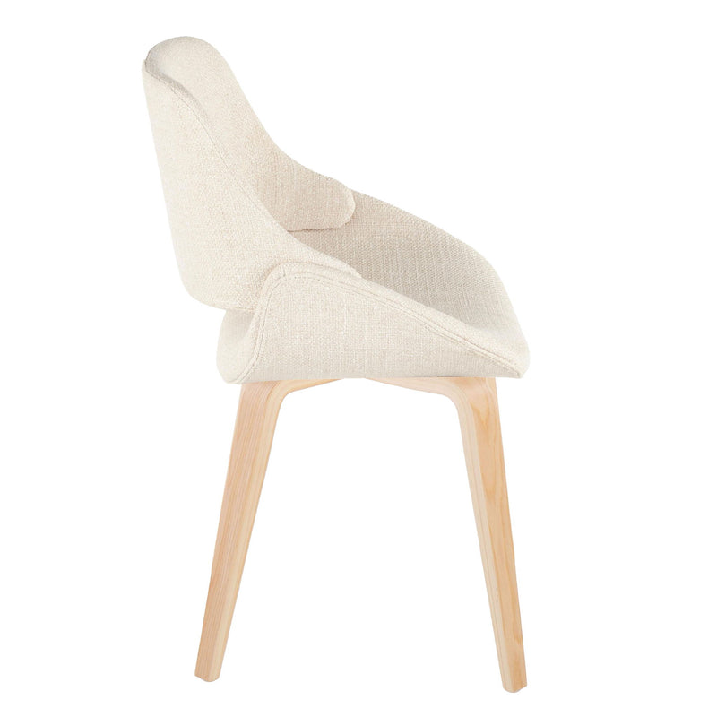 Lumi Source Fabrico mid-century modern dining chair set with natural bent wood legs in blue, cream, or camel upholstery.