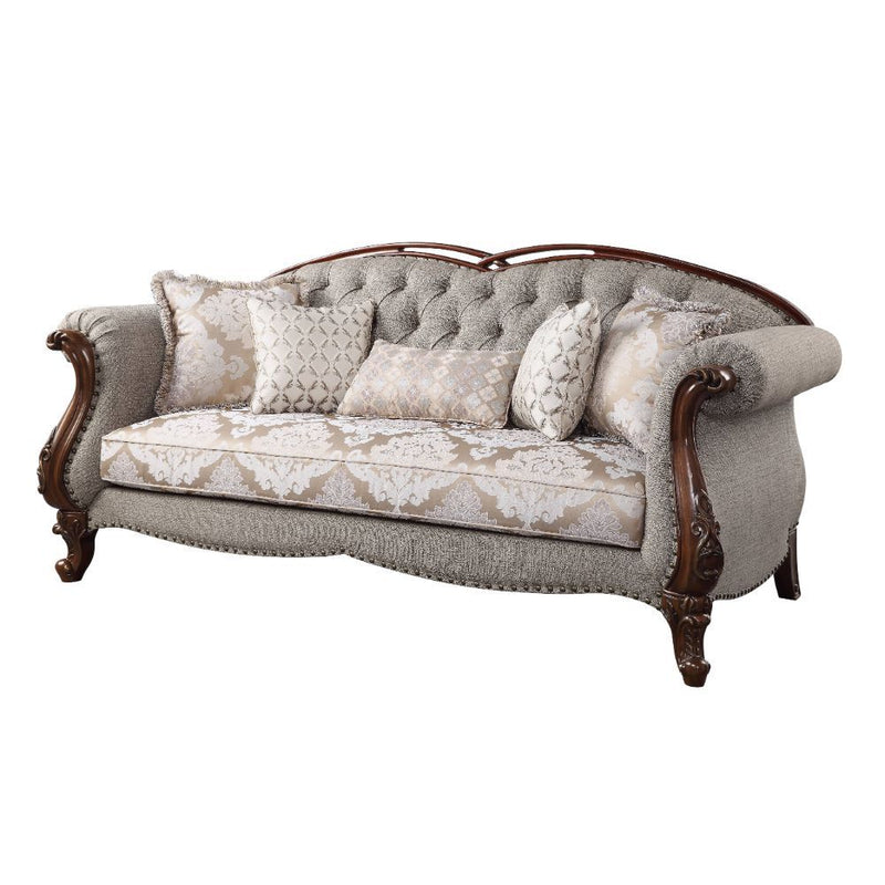 Miyeon - Sofa With 5 Pillows - Fabric & Cherry - R&R Furniture Gallery (Fountain Valley, CA)