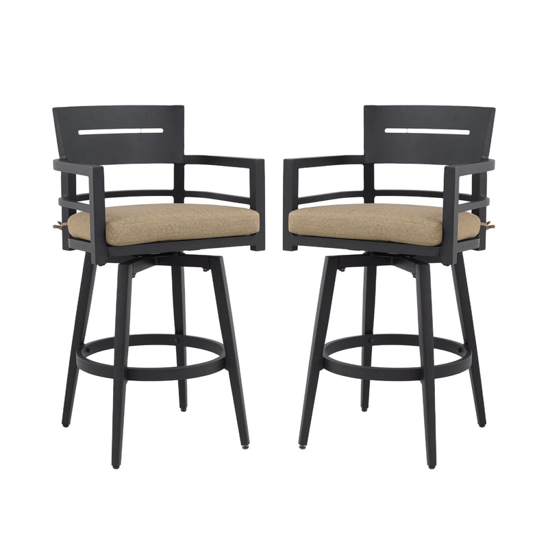 Set of 2 Life Outside outdoor swivel bar chairs with ergonomic backrests and 360-degree rotation, ideal for outdoor patios.