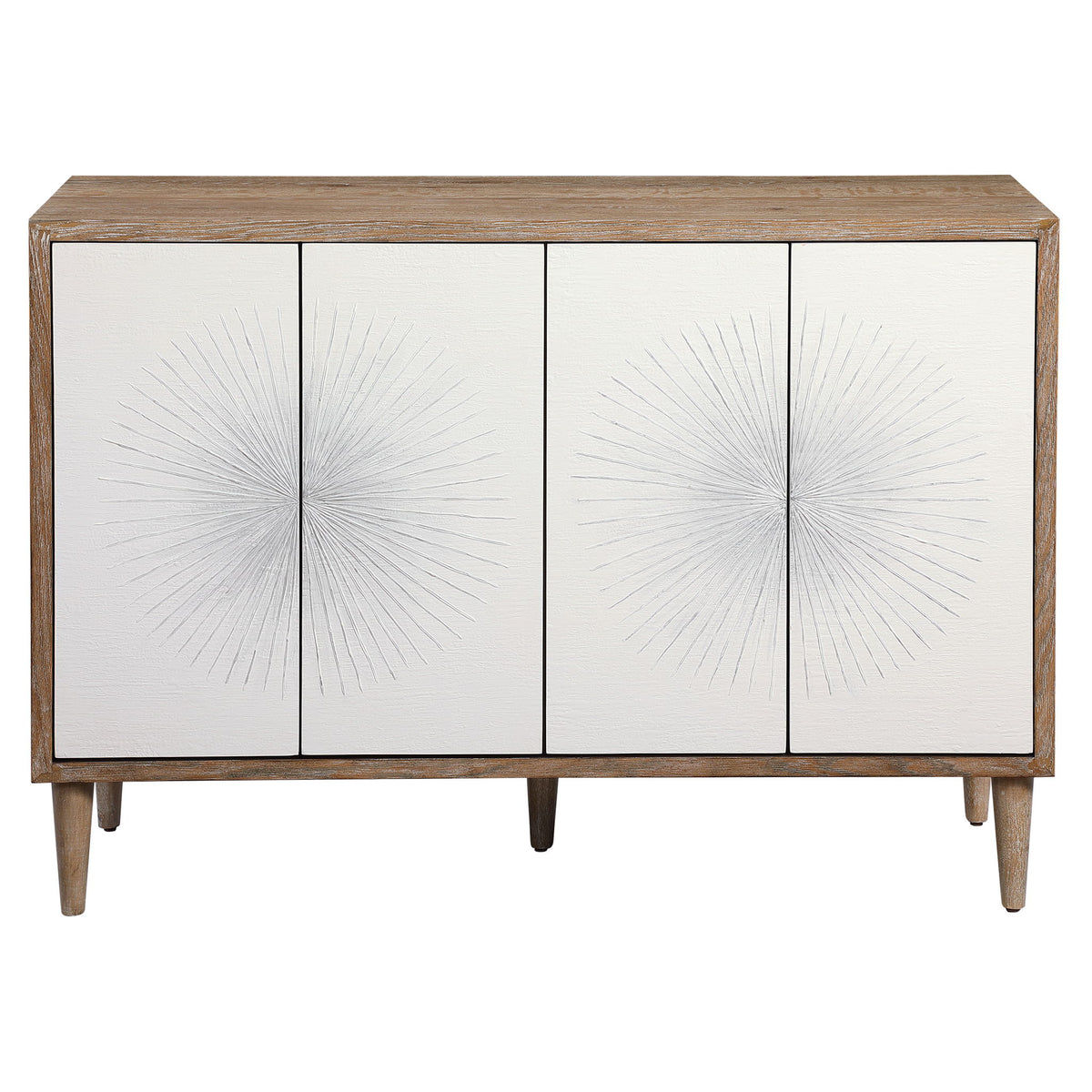 White Dani 4-door accent cabinet by Uttermost with sleek design and modern hardware, ideal for stylish storage in living spaces.