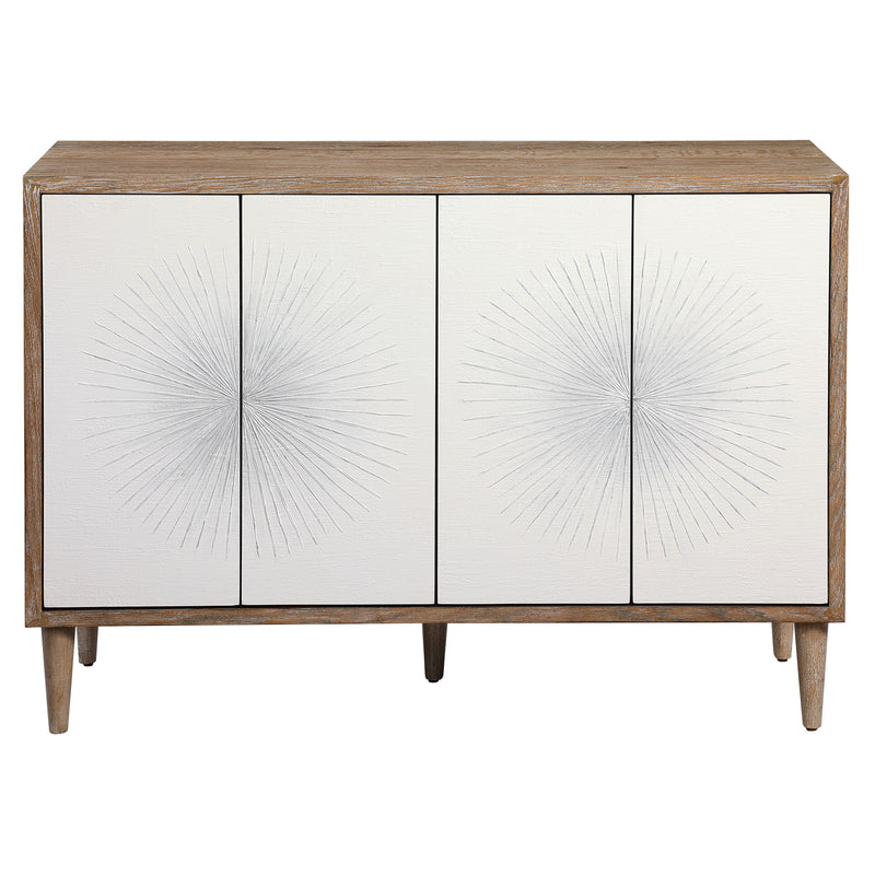 White Dani 4-door accent cabinet by Uttermost with sleek design and modern hardware, ideal for stylish storage in living spaces.
