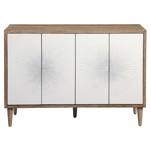 White Dani 4-door accent cabinet by Uttermost with sleek design and modern hardware, ideal for stylish storage in living spaces.