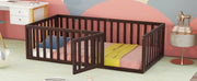 DreamHaus twin size walnut floor bed frame with fence, door, and panel design, featuring a sturdy wooden construction.
