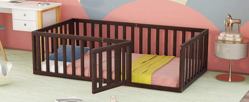 DreamHaus twin size walnut floor bed frame with fence, door, and panel design, featuring a sturdy wooden construction.