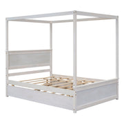 DreamHaus canopy platform bed with built-in drawers, support slats, and no box spring needed, showcasing a modern bedroom setup.