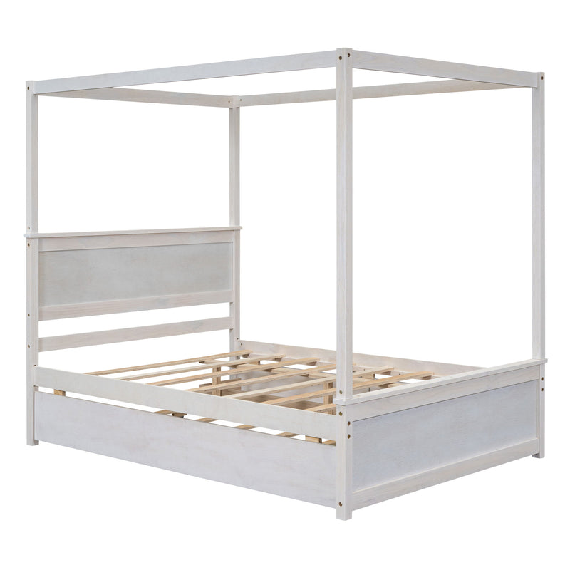 DreamHaus canopy platform bed with built-in drawers, support slats, and no box spring needed, showcasing a modern bedroom setup.