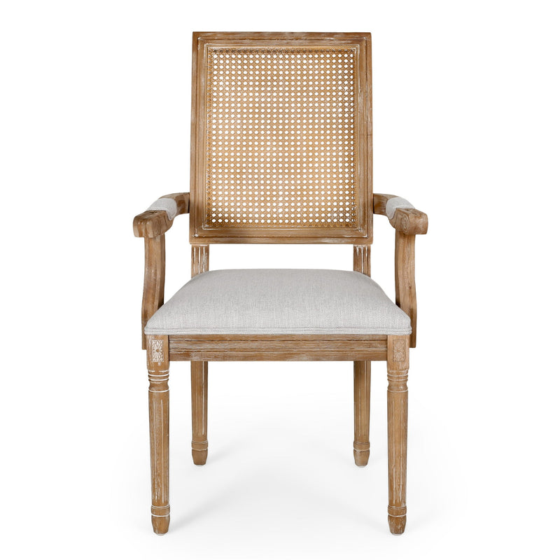 Elegant French country style Noble House dining arm chair with cane backrest and wooden frame, showcasing classic craftsmanship.