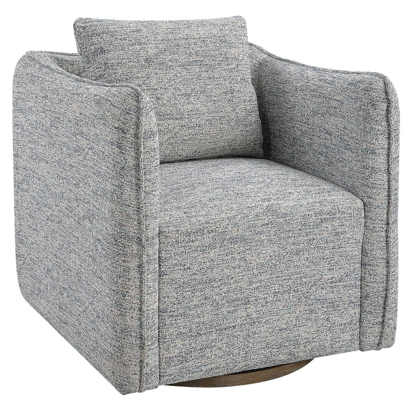 Uttermost Corben swivel chair with a plush upholstered seat and wooden base, featuring a modern design perfect for living spaces.