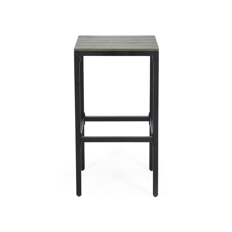 Set of two Noble House outdoor bar stools with slat design and metal frames, ideal for patio or backyard seating.