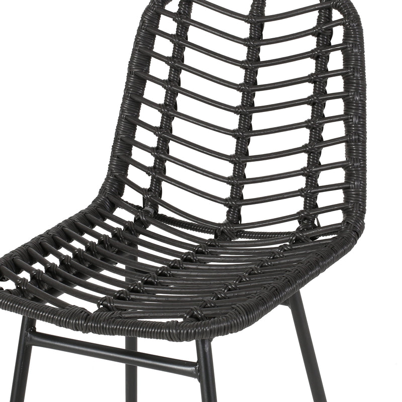 Noble House Sawtelle outdoor wicker barstools set of 2 with cushioned seats and armrests, perfect for patio or outdoor bar area.