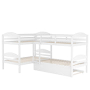White DreamHaus twin L-shaped bunk bed with trundle, featuring sturdy wood frame and space-saving design for kids' bedroom.