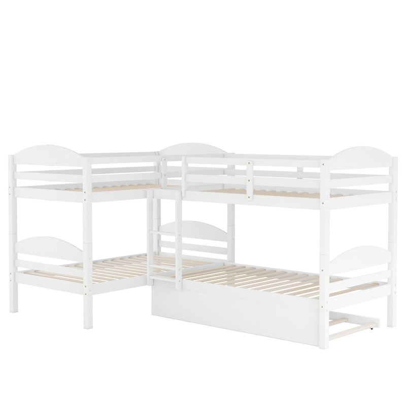 White DreamHaus twin L-shaped bunk bed with trundle, featuring sturdy wood frame and space-saving design for kids' bedroom.