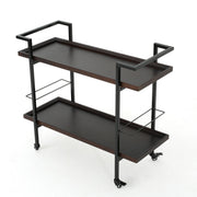 Noble House modern industrial bar cart with shelving, casters, and metal frame for stylish beverage storage and serving.