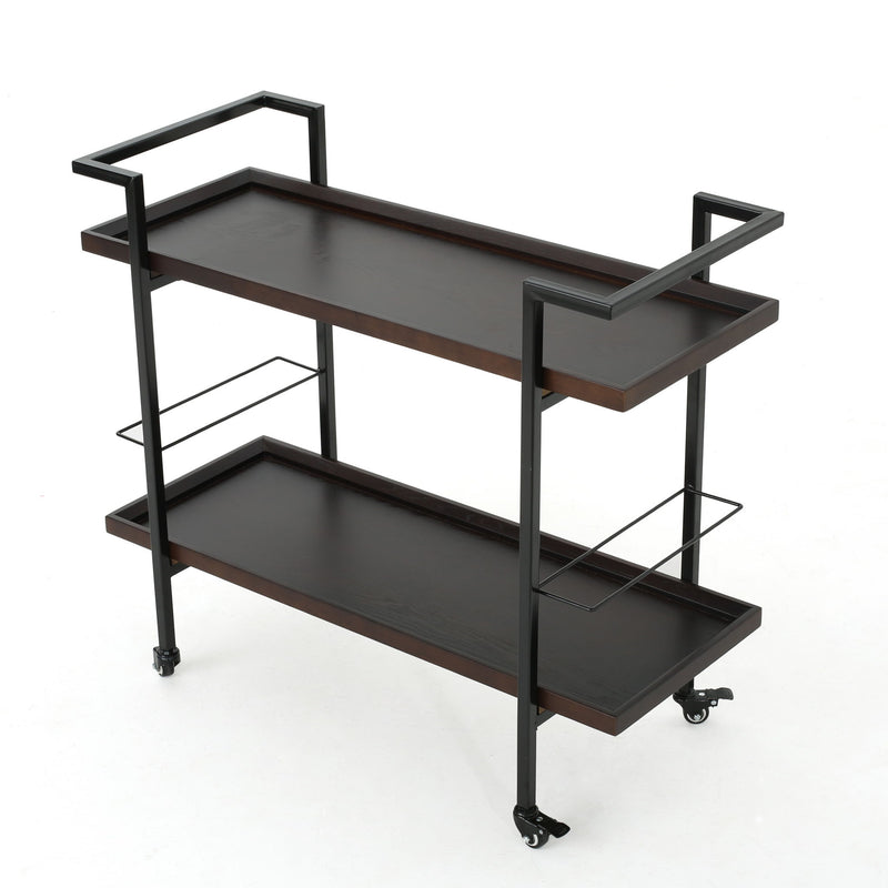 Noble House modern industrial bar cart with shelving, casters, and metal frame for stylish beverage storage and serving.