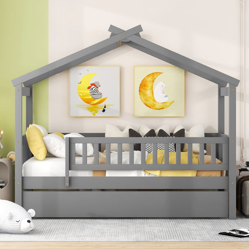 DreamHaus creativity house bed with twin size trundle, featuring a playful house-shaped design and comfortable bedding setup.