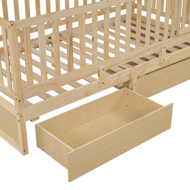 DreamHaus storage daybed with fence guardrails, two drawers, convertible into a separate floor bed and daybed, in a cozy bedroom setting.