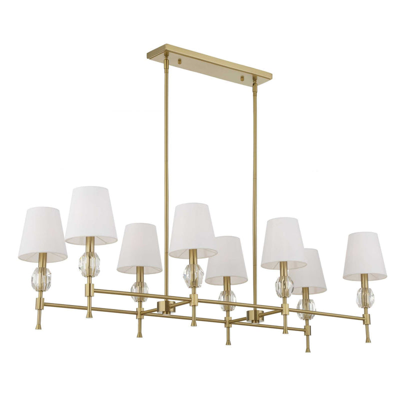 Uttermost Arques 8-light linear chandelier with white and gold finish, featuring modern design and sleek metal frame.