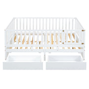 DreamHaus storage daybed with fence guardrails, two drawers, split into a floor bed and daybed, showcasing a modern design.