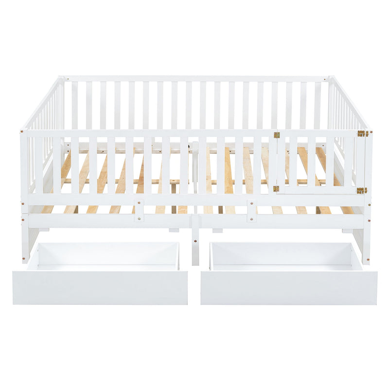DreamHaus storage daybed with fence guardrails, two drawers, split into a floor bed and daybed, showcasing a modern design.