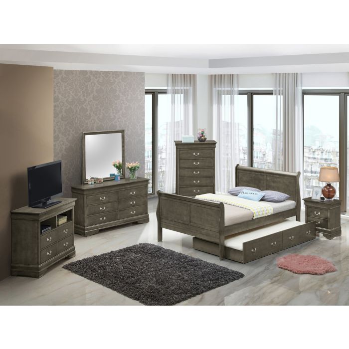 Elegant Glory Furniture trundle bed with classic design, featuring a wooden frame and spacious pull-out storage, ideal for bedrooms.