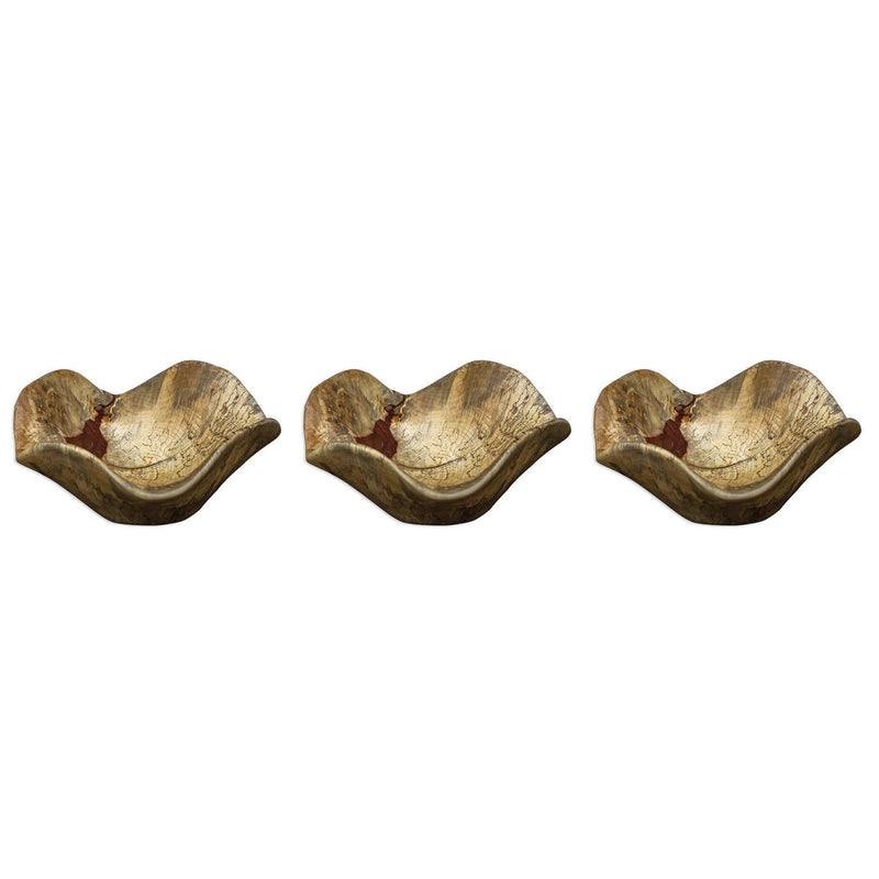 Set of three Tamarine wood wall art panels in light brown by Uttermost, featuring natural textured wood decor for modern interior accents.