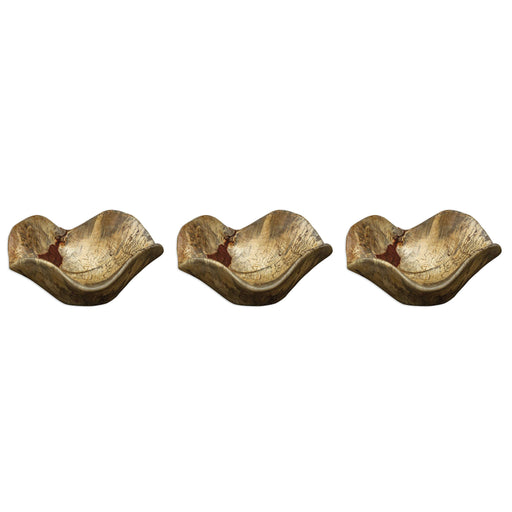 Set of three Tamarine wood wall art panels in light brown by Uttermost, featuring natural textured wood decor for modern interior accents.