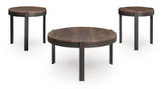 Set of three Horizon Hills occasional tables by Signature Design Ashley in brown and black wood finish.