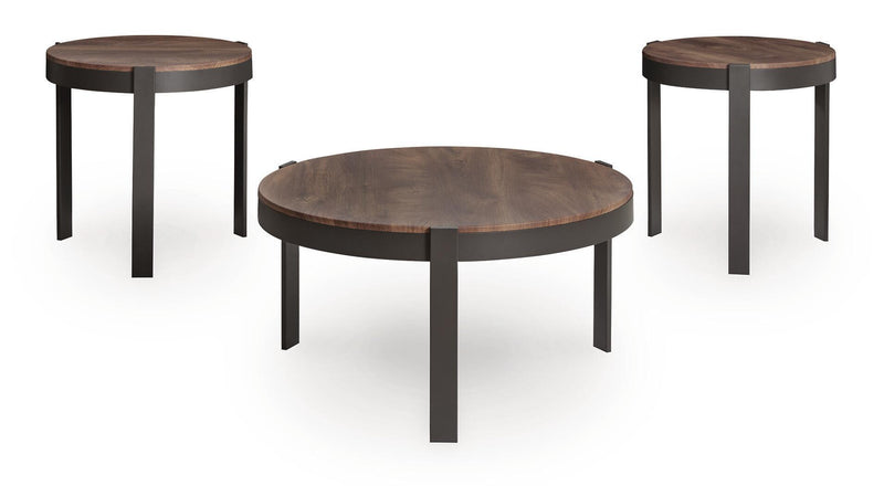 Set of three Horizon Hills occasional tables by Signature Design Ashley in brown and black wood finish.