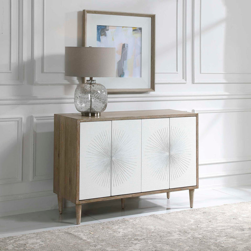 White Dani 4-door accent cabinet by Uttermost with sleek design and modern hardware for stylish storage.