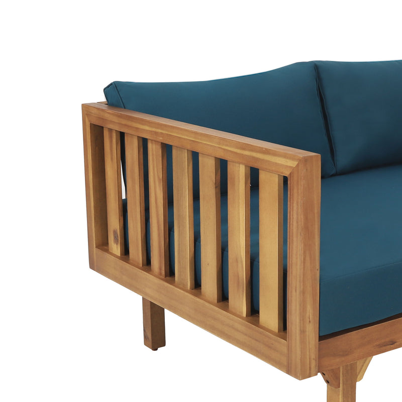 Noble House Claremont 3-seater teak acacia wood daybed sofa with water-resistant cushions, ideal for outdoor relaxation.