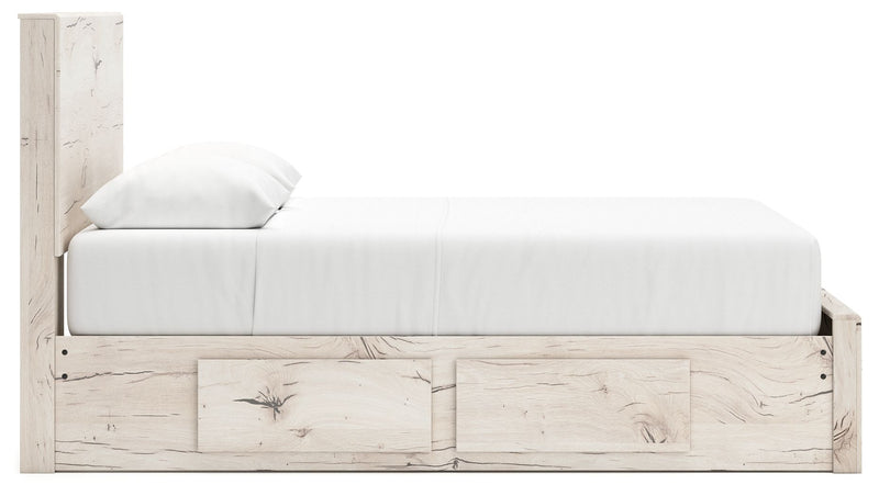 Signature Design by Ashley Lawroy panel storage bed with built-in drawers and sleek wood finish, showcasing modern bedroom furniture.