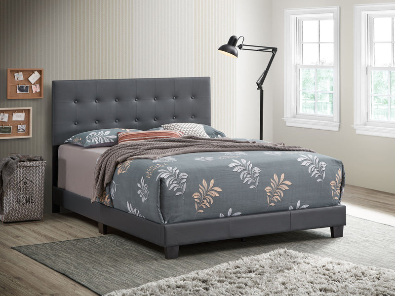 Glory Furniture Caldwell upholstered bed with a padded headboard and neutral fabric, showcasing a stylish bedroom centerpiece.