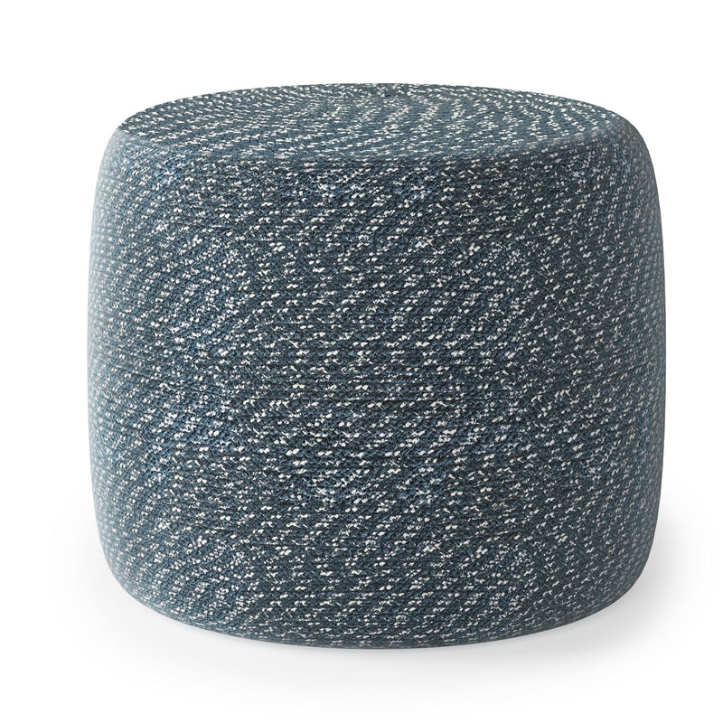 Simpli-Home Bayley round braided accent pouf in neutral tones, versatile and stylish for living room or seating area.