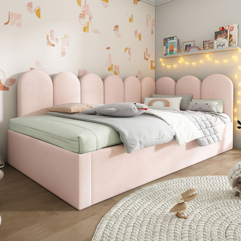 Artistry At Home upholstered daybed with metal slatted base, featuring plush fabric and a modern design for versatile bedroom or living space.