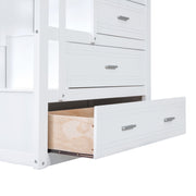 White DreamHaus twin over twin bunk bed with staircase and trundle, featuring sturdy wood construction and safety rails.