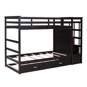 DreamHaus bunk bed with trundle and staircase, featuring a sturdy frame, safety rails, and space-saving design in a modern bedroom setting.