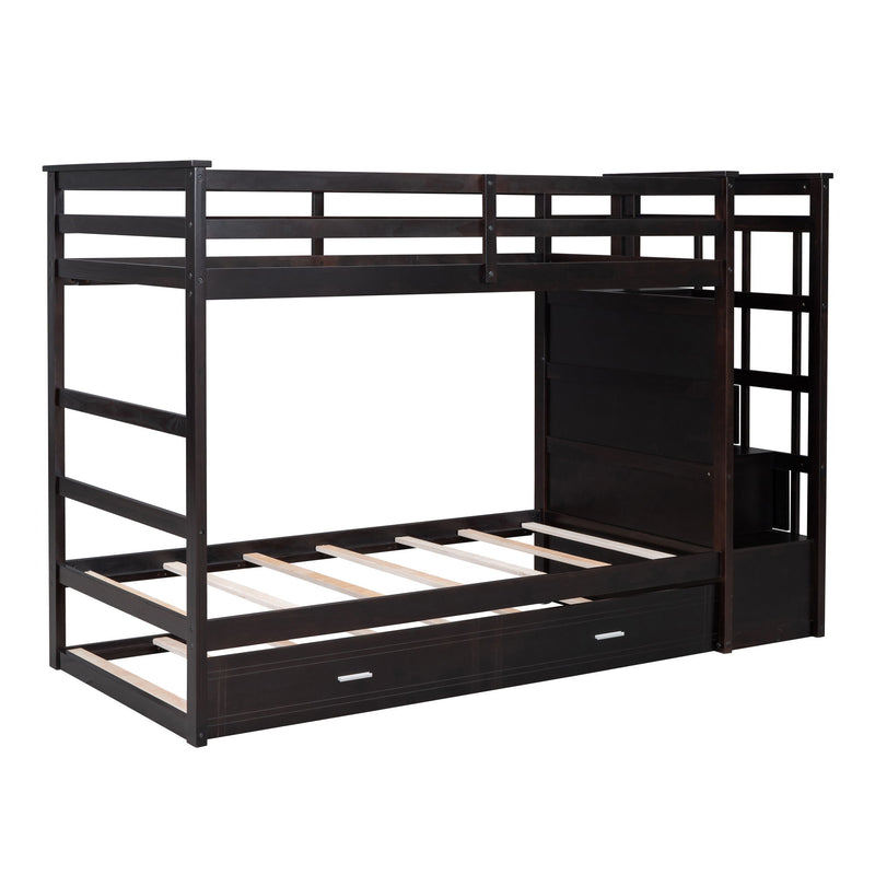 DreamHaus bunk bed with trundle and staircase, featuring a sturdy frame, safety rails, and space-saving design in a modern bedroom setting.