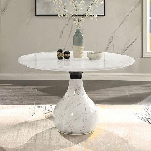 Koen - Round Dining Table, Engineering Marble Top - White & Black - R&R Furniture Gallery (Fountain Valley, CA)