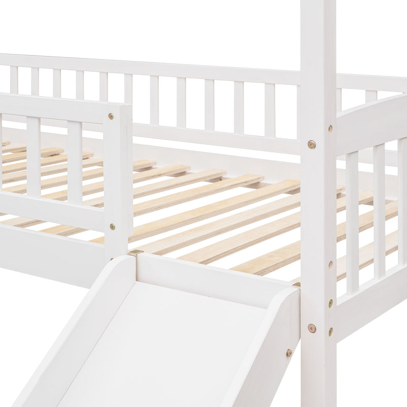 DreamHaus loft bed with slide, featuring a sturdy wooden frame and a fun slide for kids' bedroom play and sleep area.
