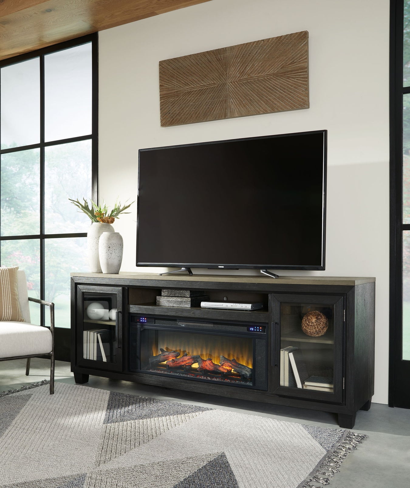 Foyland - 83" TV Stand With Electric Infrared Fireplace Insert - Black / Brown - R&R Furniture Gallery (Fountain Valley, CA)