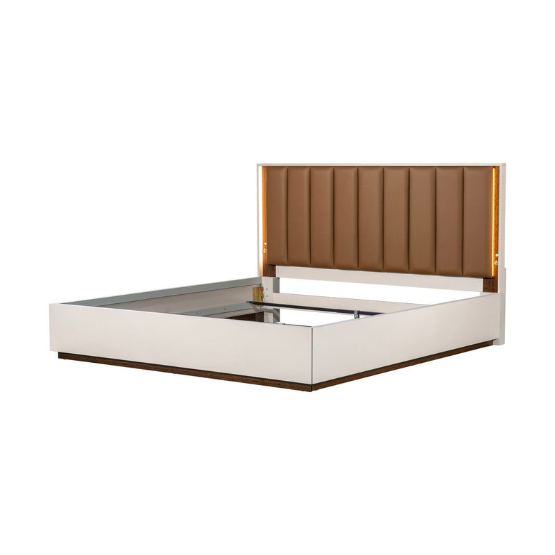 Upholstered Michael Amini Pavira bed with integrated LED lights, showcasing a modern design and soft fabric upholstery.