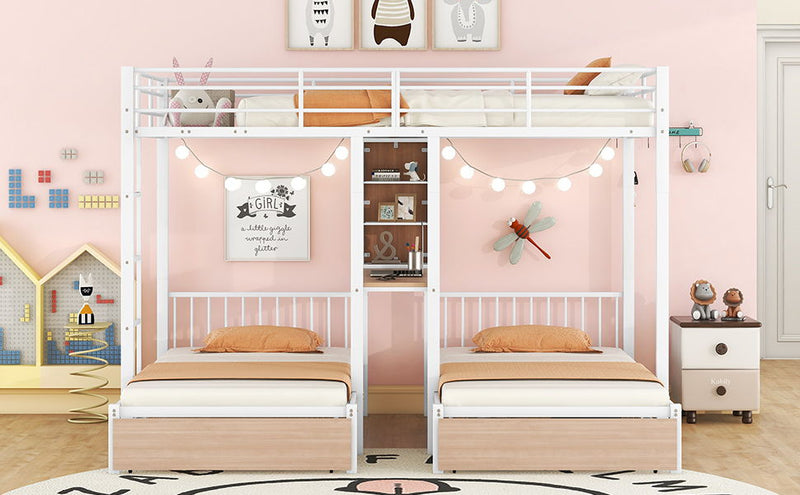 Triple Bunk Bed With Drawers, Multi-Functional Frame With Desks And Shelves In The Middle - R&R Furniture Gallery (Fountain Valley, CA)