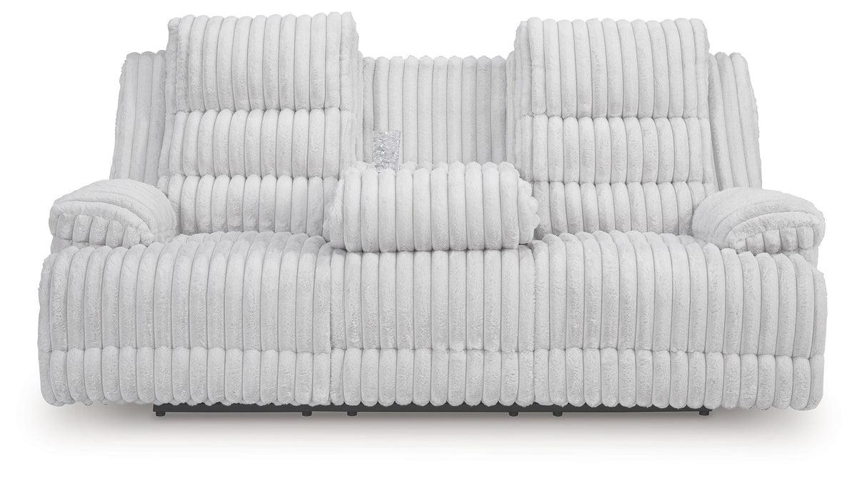 Rhines Falls - Reclining Power Sofa With Drop Down Table - Alloy - R&R Furniture Gallery (Fountain Valley, CA)
