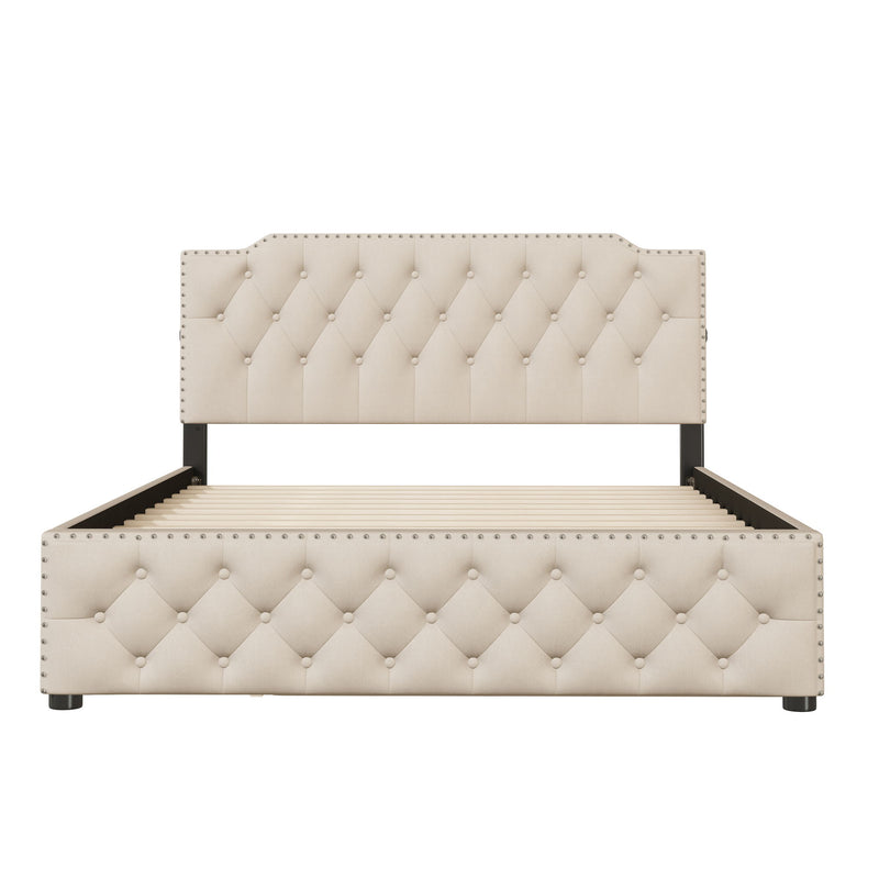 Upholstered Platform Bed With Trundle And 2 Sets Of USB Ports On Each Side, Fabric - R&R Furniture Gallery (Fountain Valley, CA)