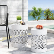 Noble House outdoor metal side table with S/2 end table design, featuring a durable, modern metal frame for outdoor decor.